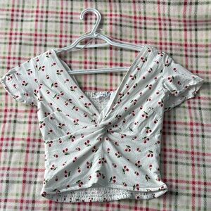 Cherry Print White Women's Top